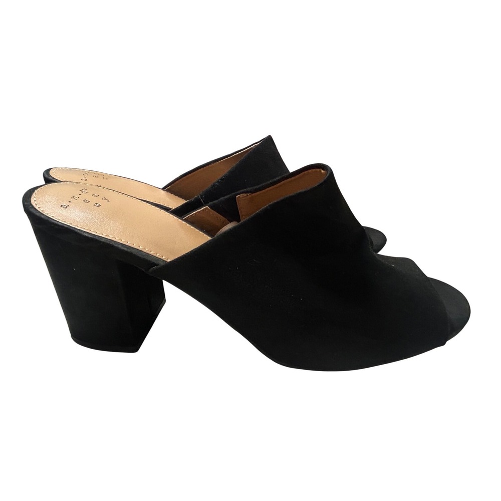 A New Day Womens Black Peep Toe Block Heel Mules Faux Suede Sandals Size 8.5